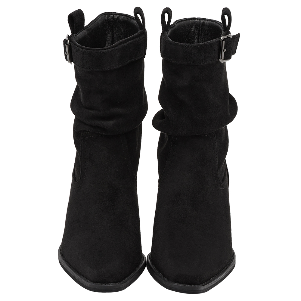 悅悅聯名-都會格調尖頭絨布2way堆堆低跟西部靴 黑絨布