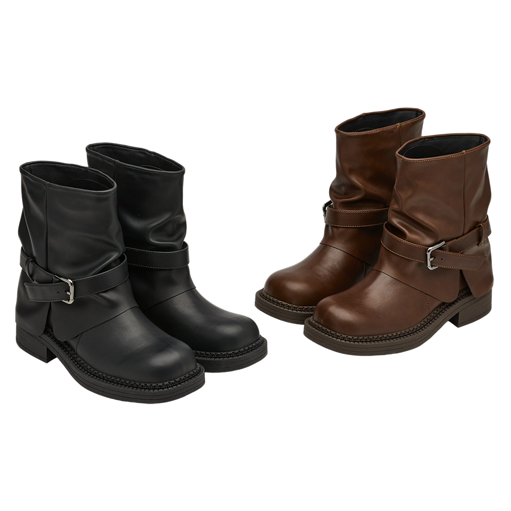 前衛時尚皮帶扣皺褶寬筒褲管短靴 黑