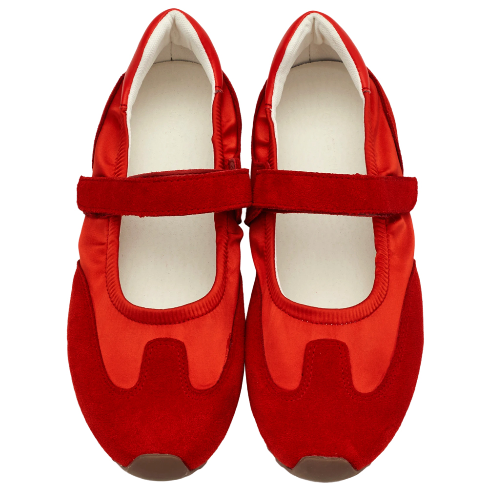 GraceGift平價女鞋 輕盈芭蕾 緞面拚接 芭蕾舞運動鞋 紅色