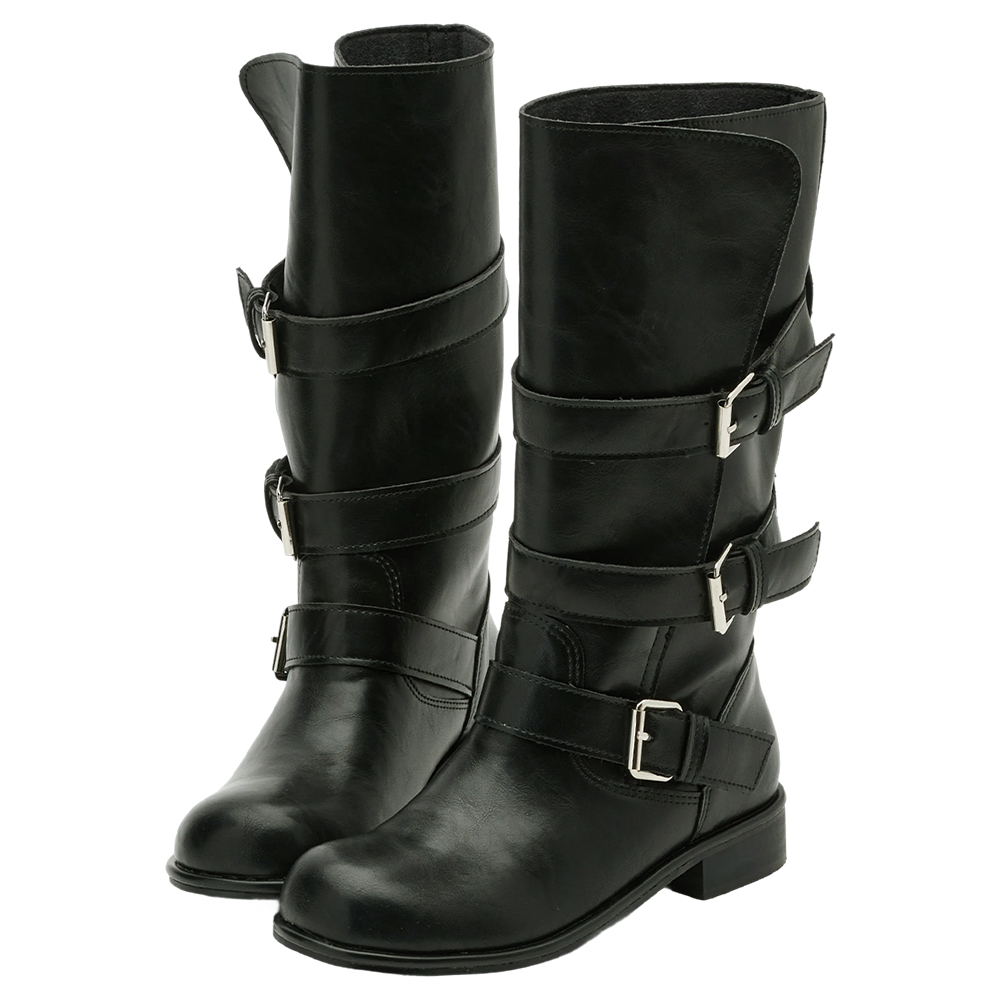 韓系街拍皮革2WAY皮帶釦騎士靴 黑