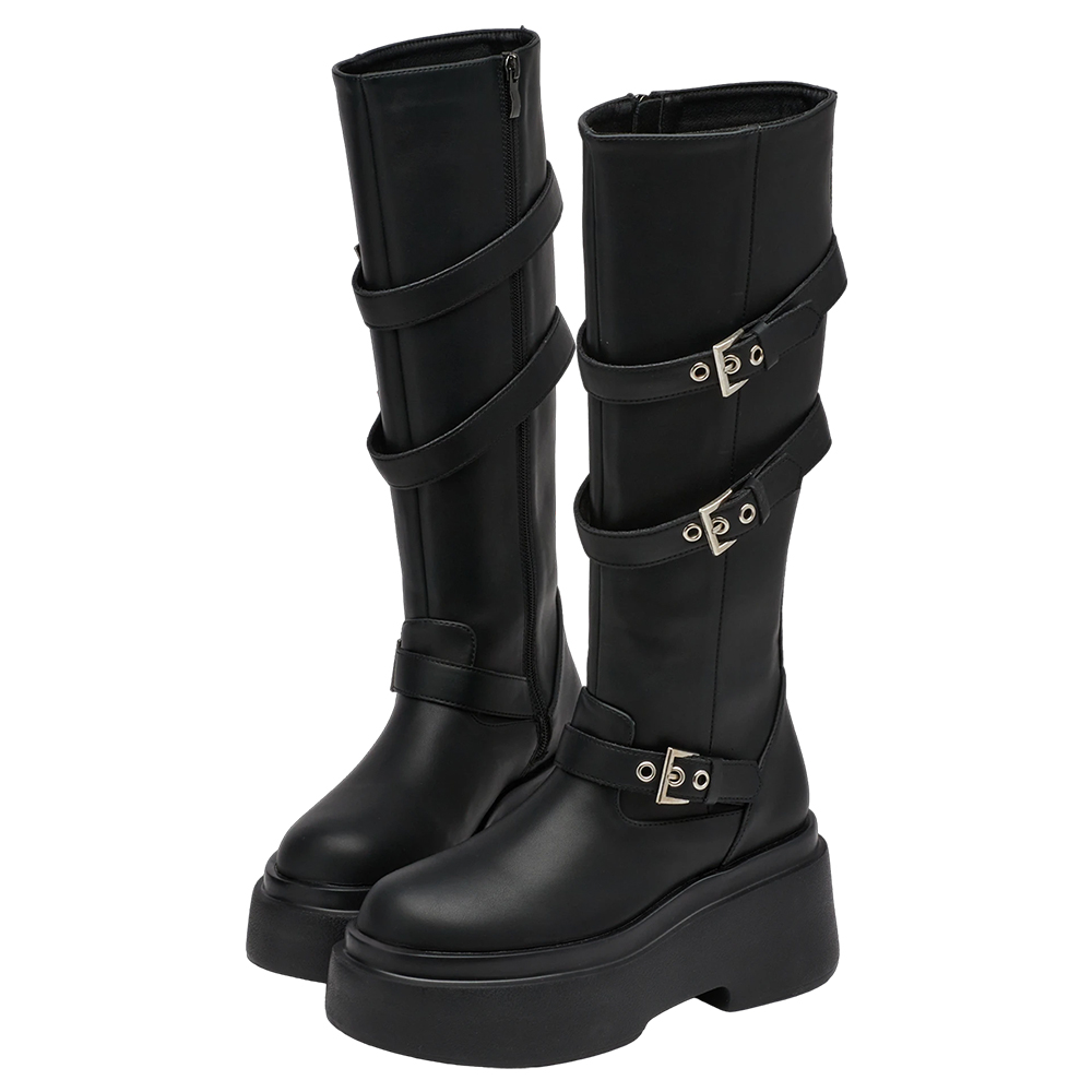 悅悅聯名-紐約街頭刷色扣環輕量厚底長靴 黑