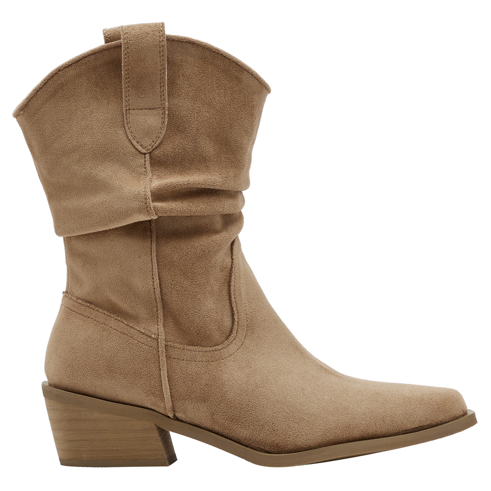 波希米亞尖頭V口絨布堆堆西部靴 駝