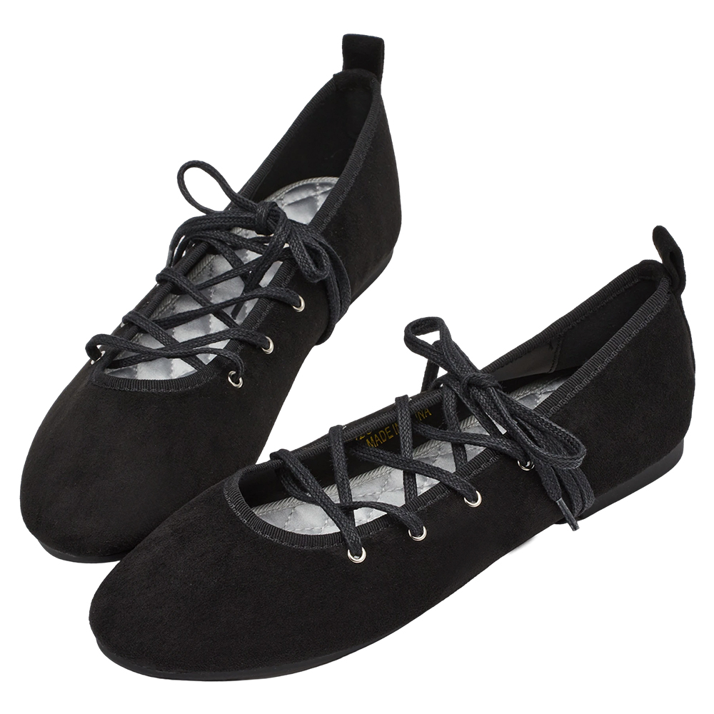 可可芭蕾絨面交叉綁繩芭蕾舞平底鞋 黑