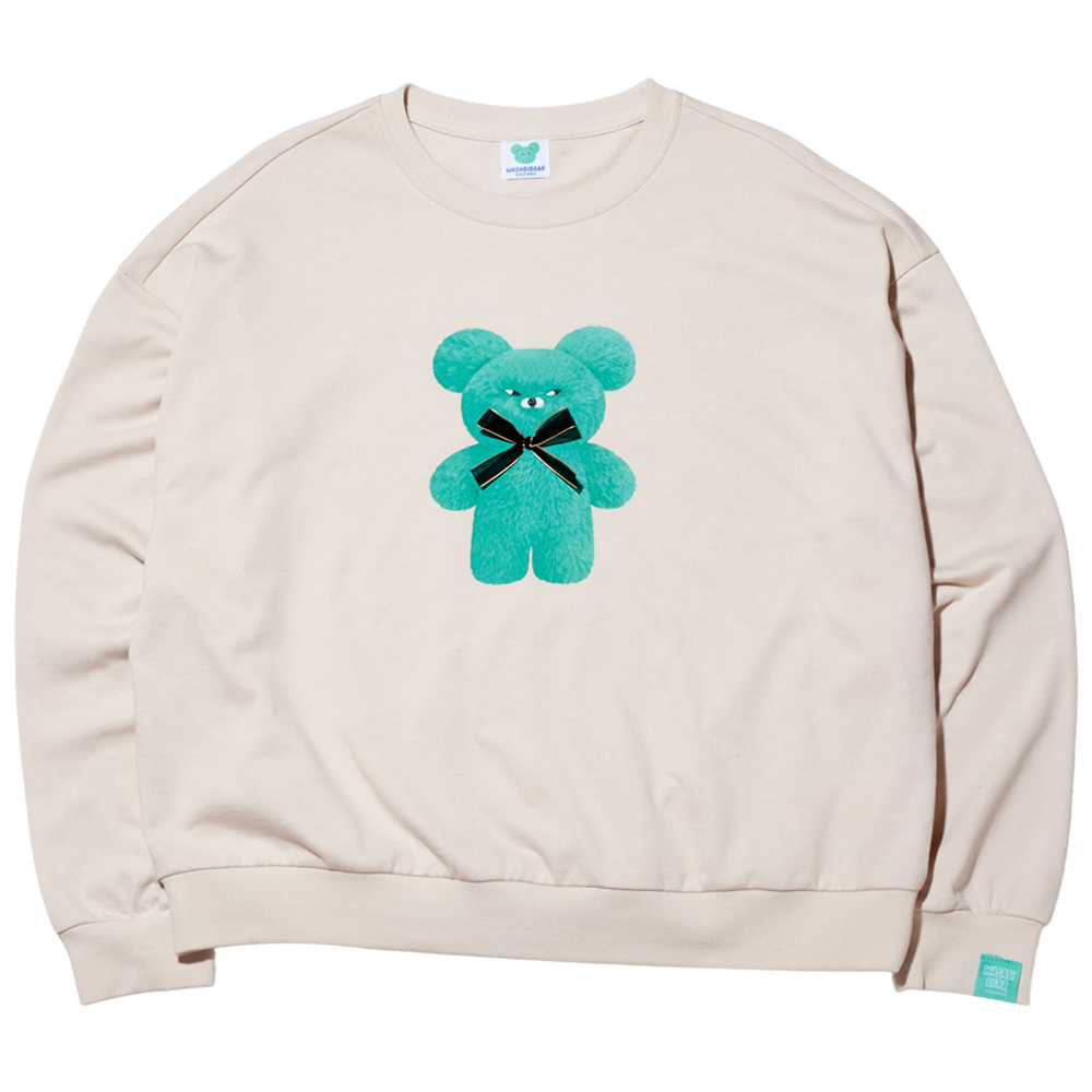 GraceGift Wasabi Bear聯名 芥末熊 蝴蝶結撞色印花大學T 卡其色 實拍圖