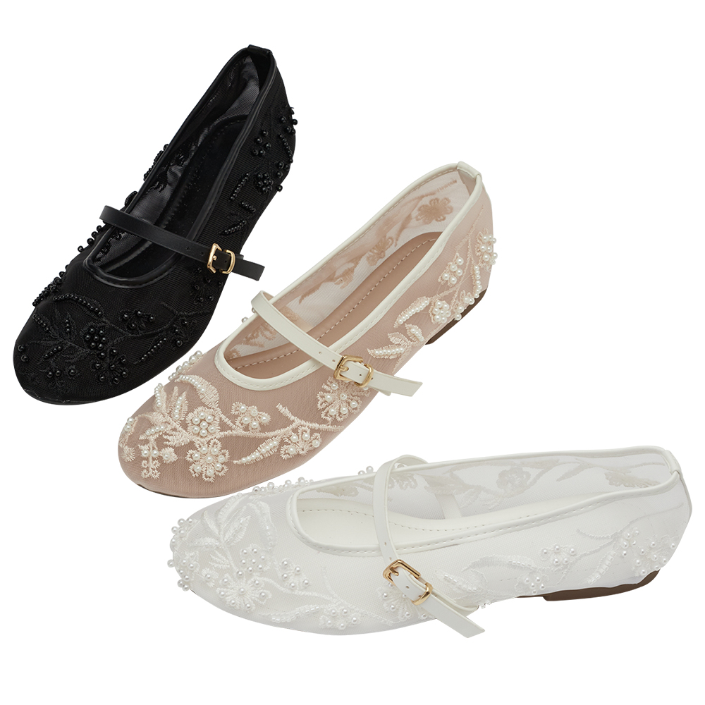 GraceGift平價女鞋 時尚秀場 圓頭 浪漫珍珠繡花網紗平底瑪莉珍鞋 白色