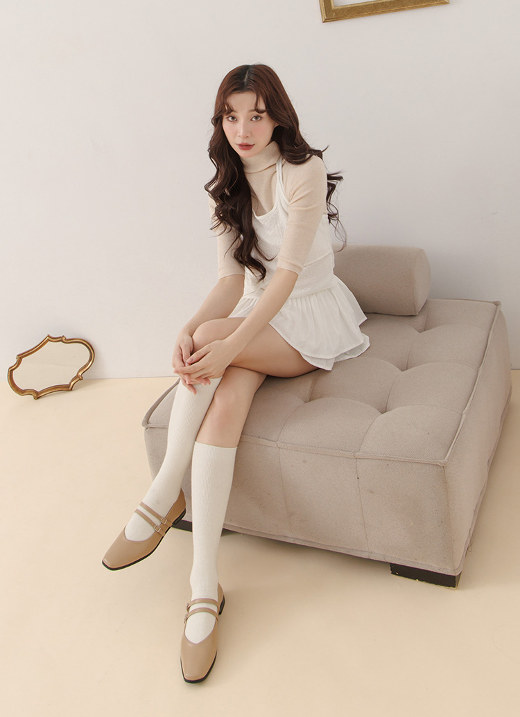 GraceGift 微甜方頭瑪麗珍鞋 雙帶瑪莉珍 卡其色 實拍圖