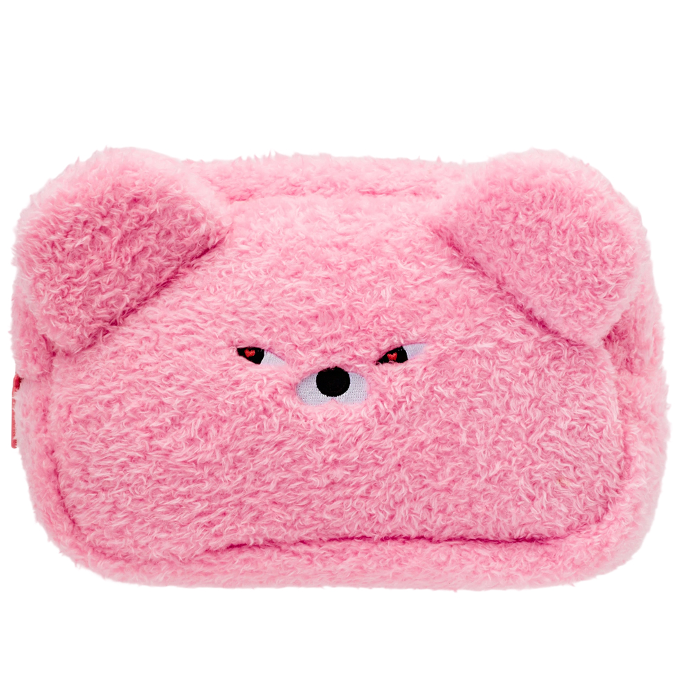 GraceGift Wasabi Bear聯名 粉芥末熊 格紋絨毛化妝包 粉紅色 實拍圖