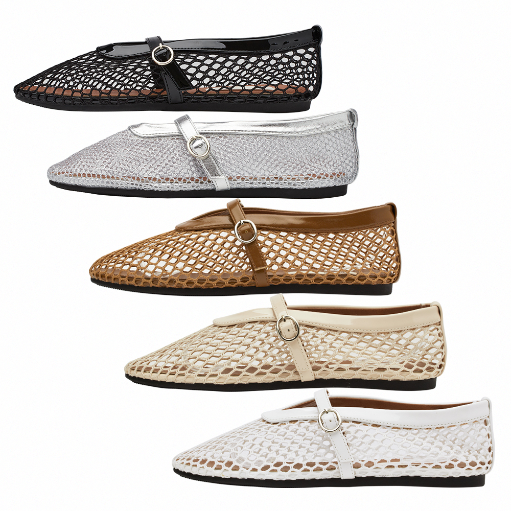 GraceGift 平價女鞋 個性網面 細閃芭蕾舞娃娃鞋 棕色 平底娃娃鞋 實拍圖