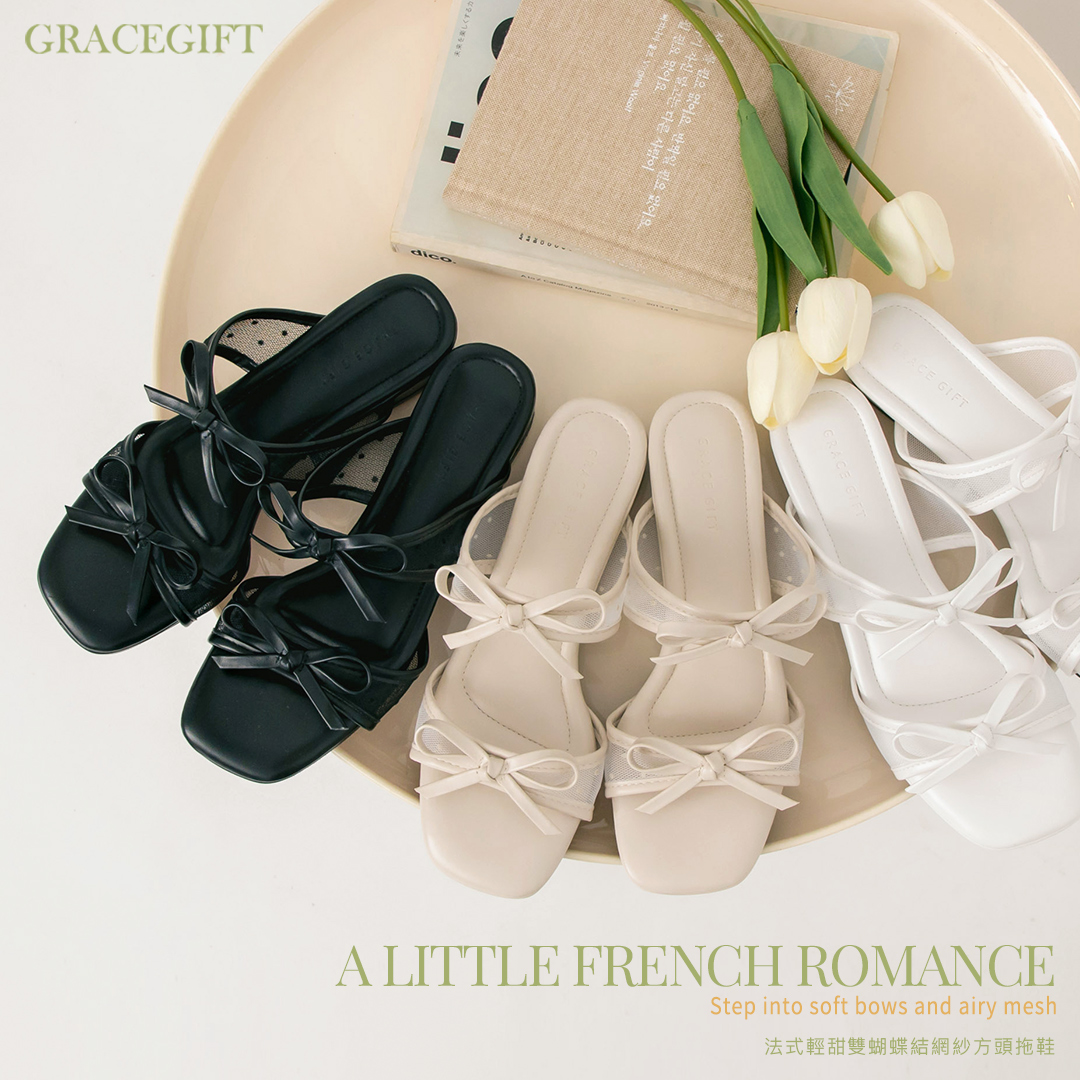 GraceGift 法式雙蝴蝶結網紗方頭拖鞋 白色，雙蝴蝶結設計搭配圓點網紗與2cm低跟