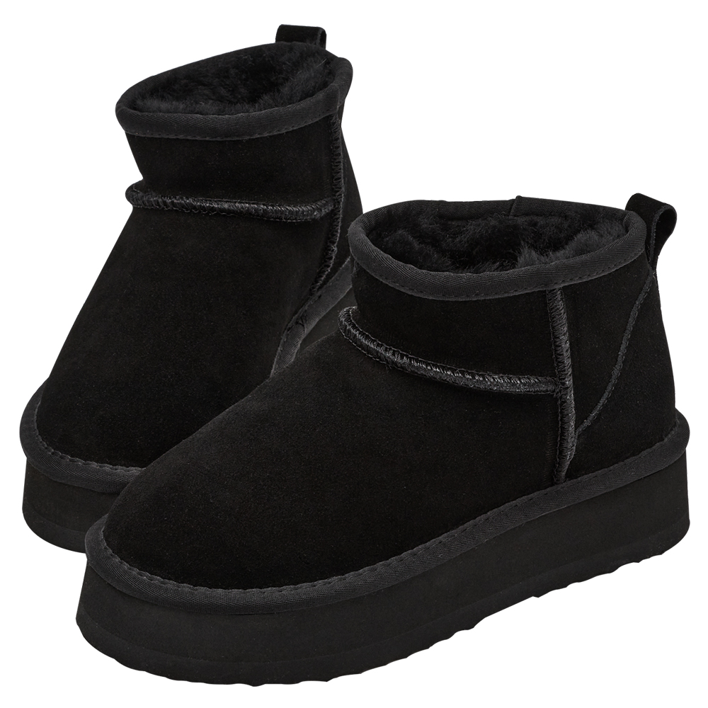 經典百搭牛麂皮羊毛短筒厚底雪靴 黑