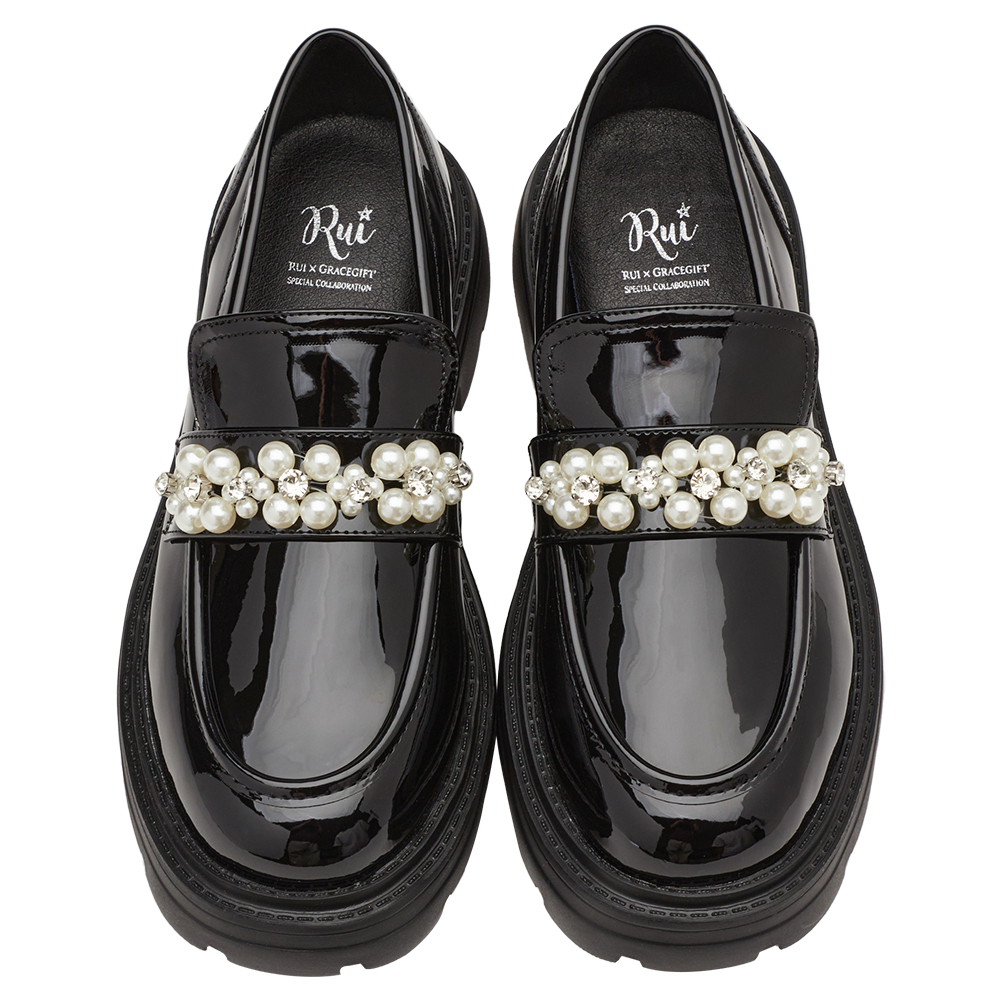 小貓聯名-奢耀珍珠水鑽輕量厚底樂福鞋 黑漆