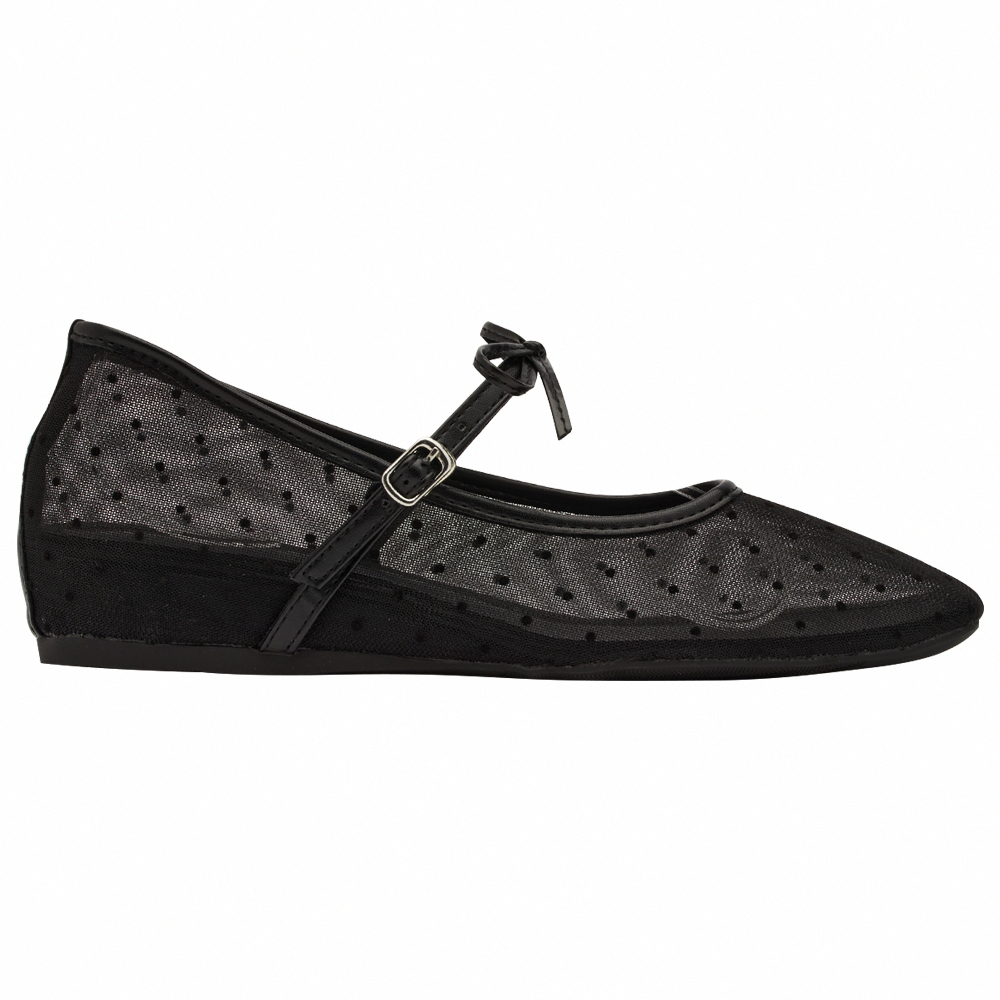 GraceGift平價女鞋 日系水玉 蝴蝶結網紗 內增高瑪莉珍鞋 黑色