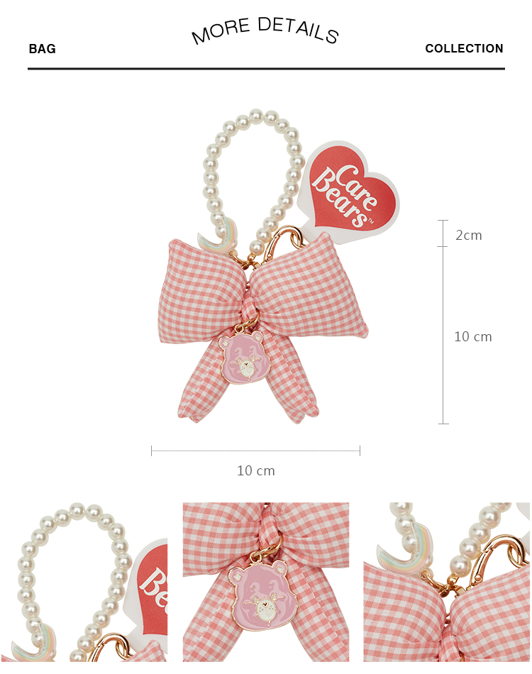 GraceGift CareBears聯名 樂觀小熊 Ribbon系列 格紋蝴蝶結珍珠手機鍊 黃