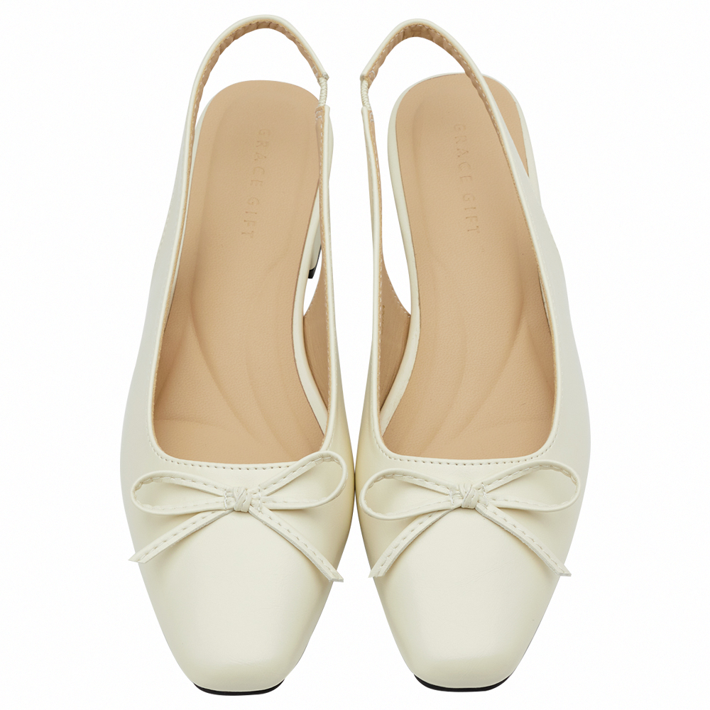 GraceGift平價女鞋 時尚秀場 方頭 韓系清新蝴蝶結後空跟鞋 米白色