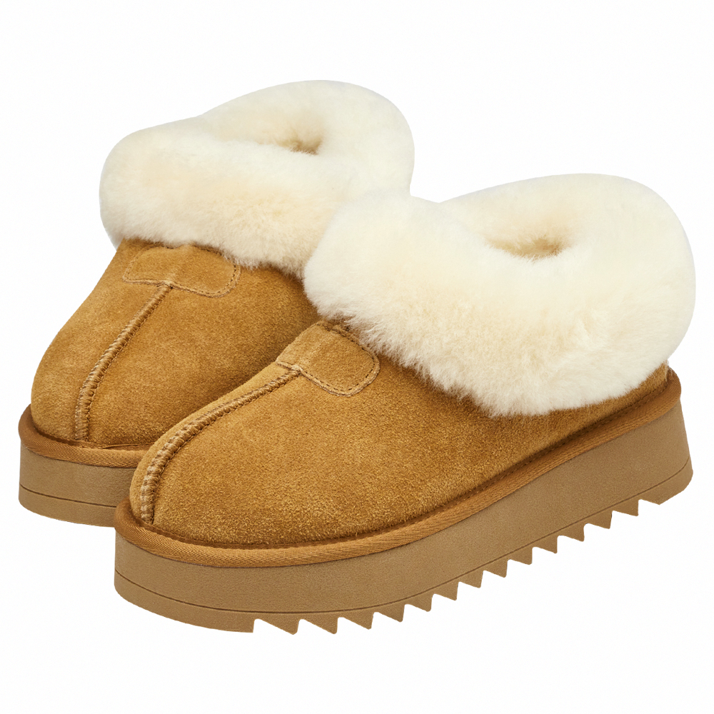 時髦雲朵暖絨牛麂皮短筒厚底雪靴 栗子