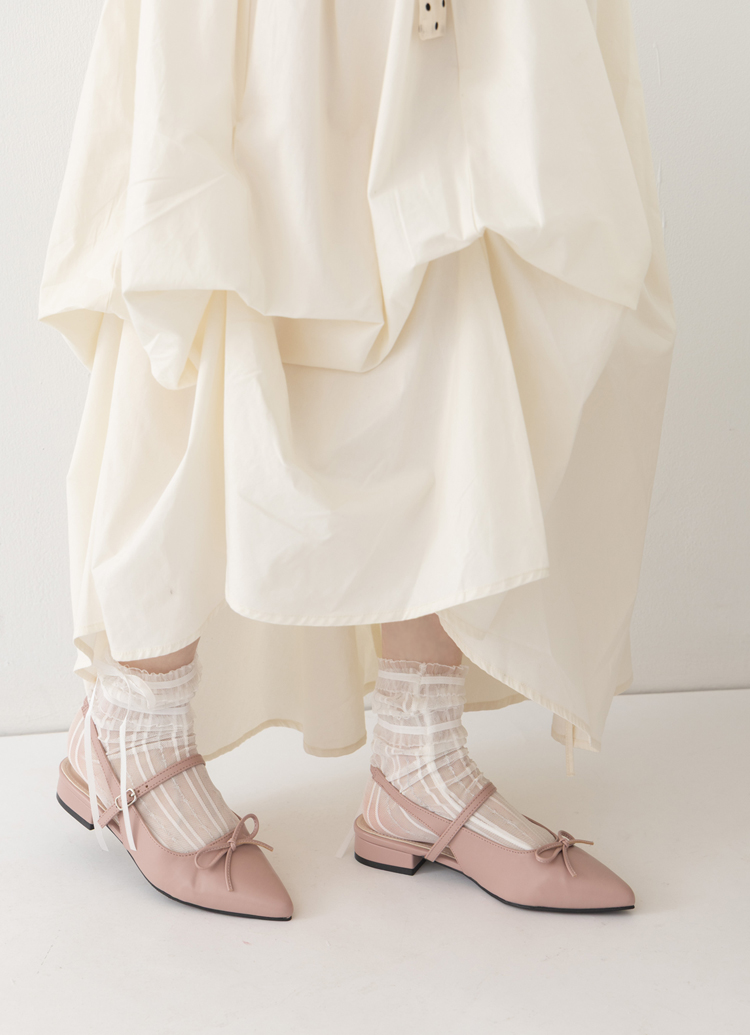 GraceGift 平價女鞋 法式尖頭 蝴蝶結後簍空芭蕾舞平底鞋 藕粉色