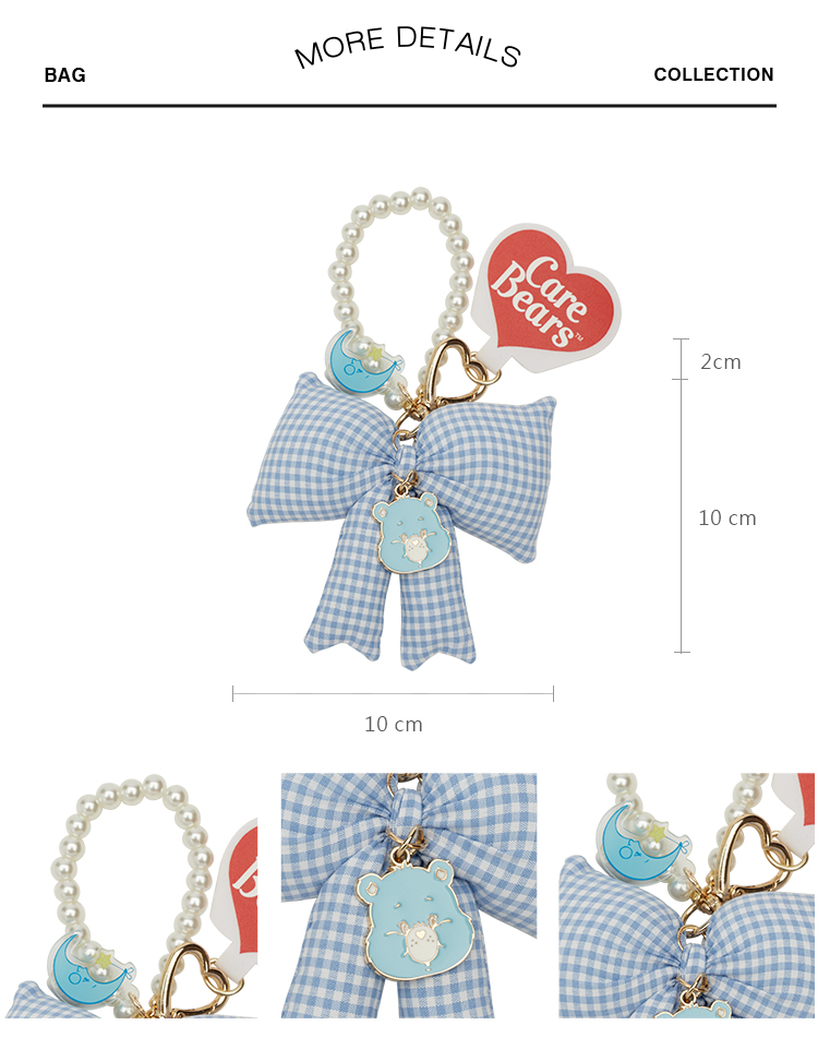 GraceGift CareBears聯名 晚安小熊 Ribbon系列 格紋蝴蝶結珍珠手機鍊 藍