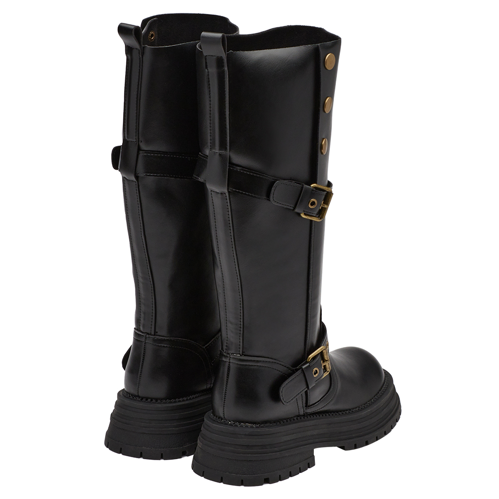 聖水街頭2WAY反折皮帶卯釘顯瘦長靴 黑