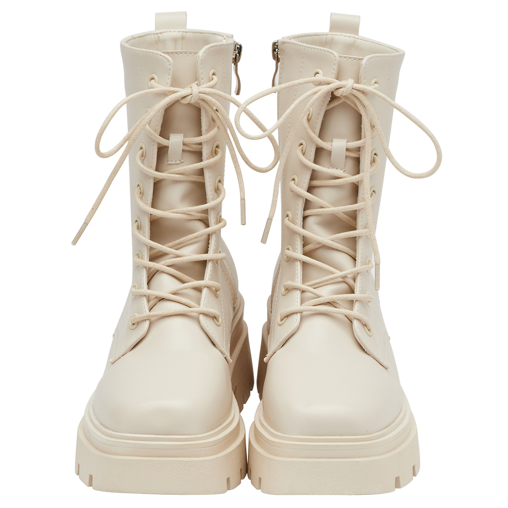 叛逆潮流方頭鬆糕厚底綁帶靴 米白