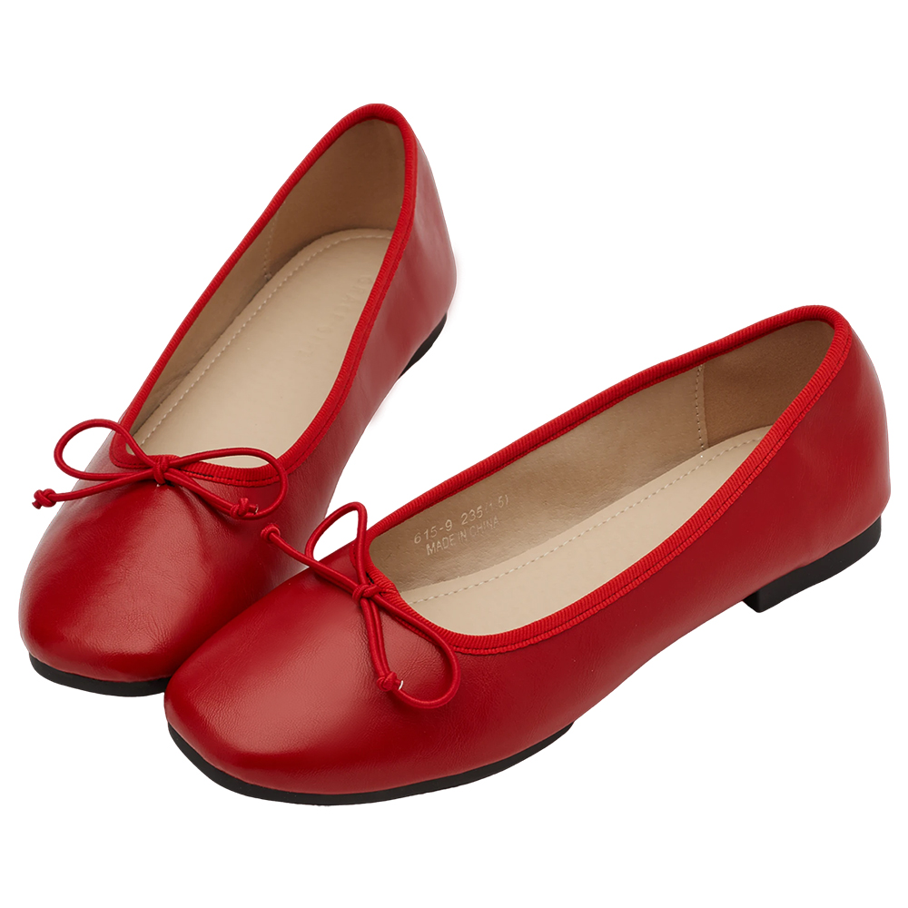 GraceGift平價女鞋 時尚秀場 方圓頭 法式經典蝴蝶結芭蕾舞平底娃娃鞋 正紅色