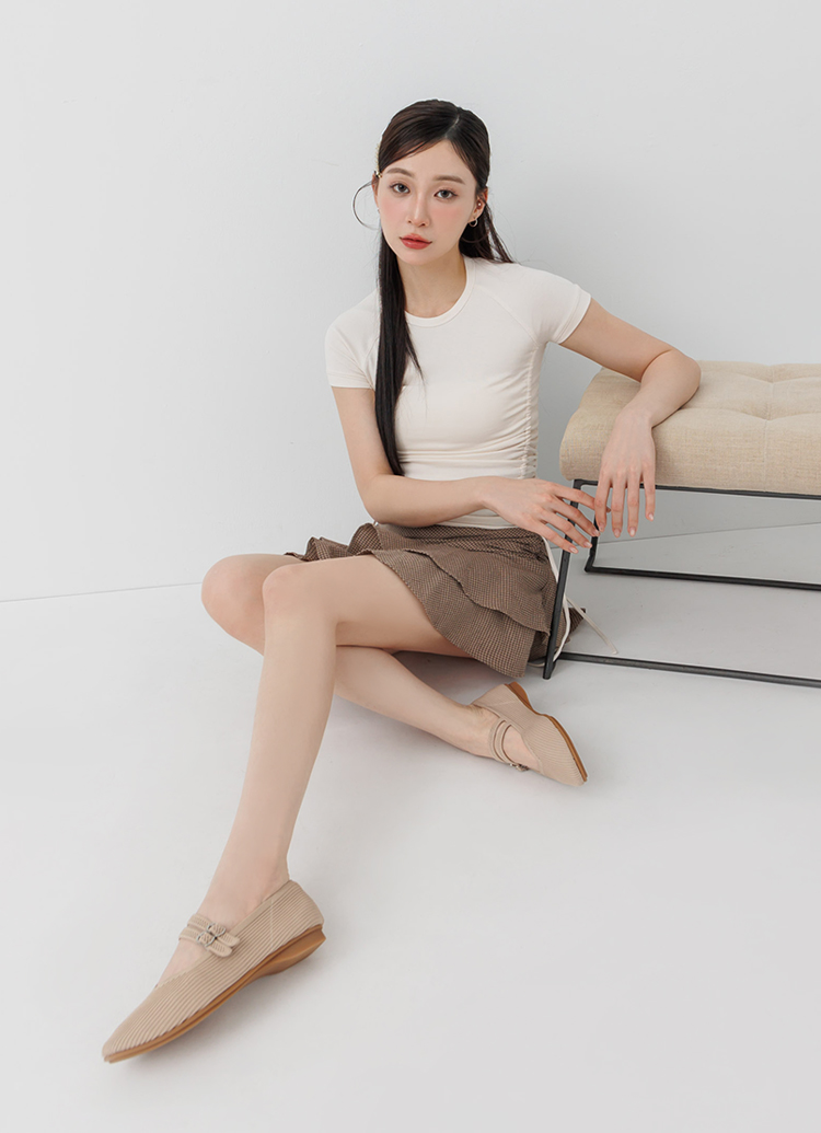 GraceGift平價女鞋 零著感柔織雙帶平底瑪莉珍鞋 米白