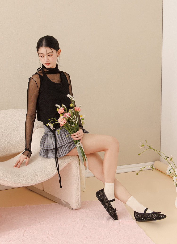 GraceGift平價女鞋 春日花園 蝴蝶結網紗 平底瑪莉珍鞋 黑色