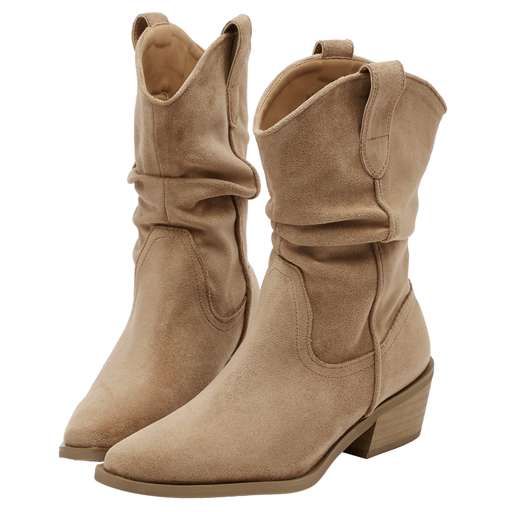 波希米亞尖頭V口絨布堆堆西部靴 駝