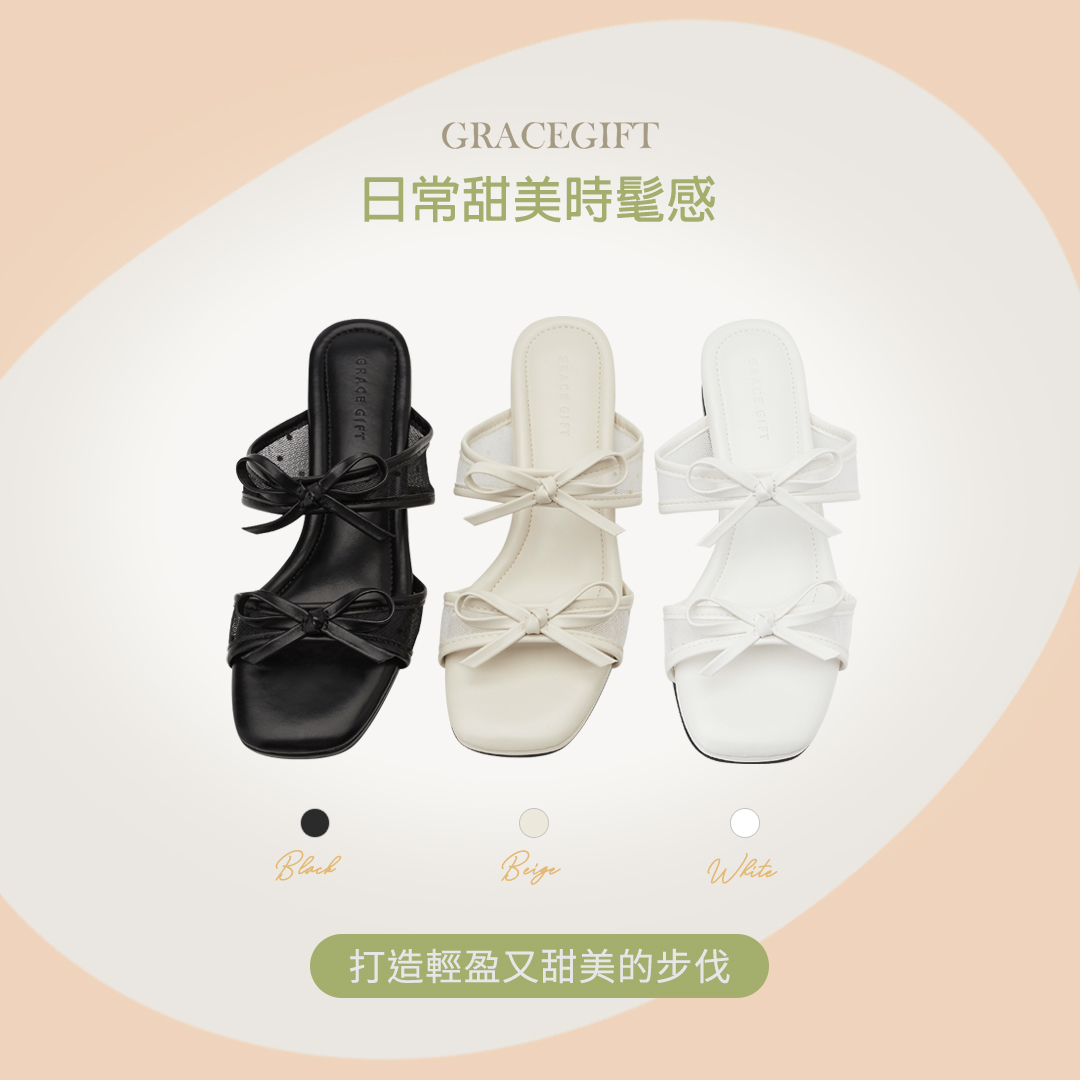 GraceGift 法式雙蝴蝶結網紗方頭拖鞋 白色，雙蝴蝶結設計搭配圓點網紗與2cm低跟