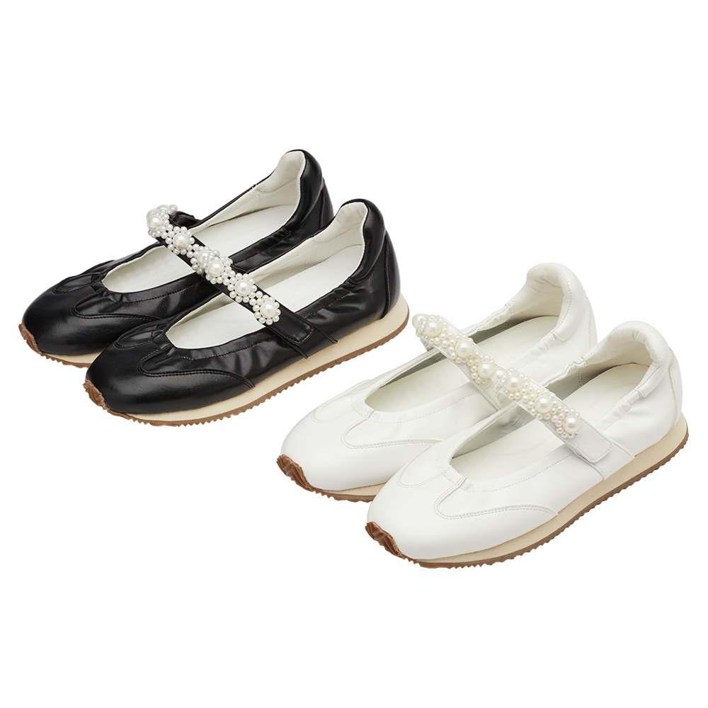 珍珠小花條帶魔鬼氈芭蕾舞瑪莉珍鞋 黑