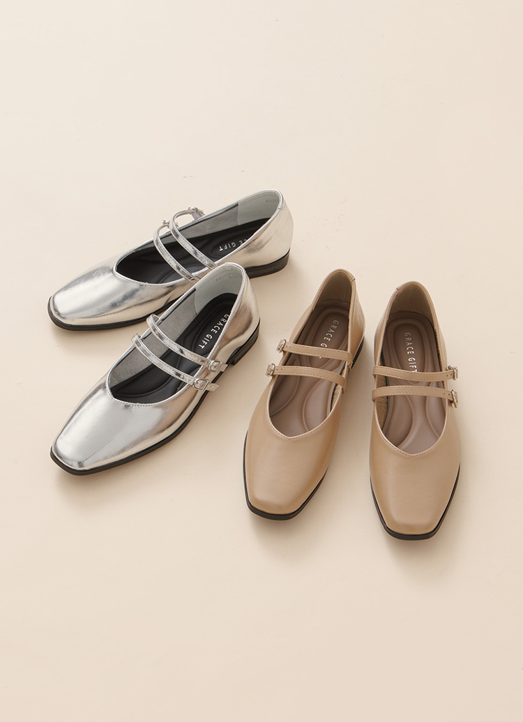 GraceGift 微甜方頭瑪麗珍鞋 雙帶瑪莉珍 卡其色 實拍圖