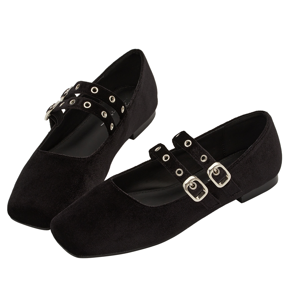 李柔聯名-甜酷序曲方頭金屬雙帶芭蕾舞瑪莉珍鞋 黑絨布