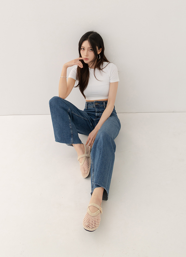 GraceGift平價女鞋 杏色柔光珍珠漁網圓頭瑪莉珍芭蕾舞鞋