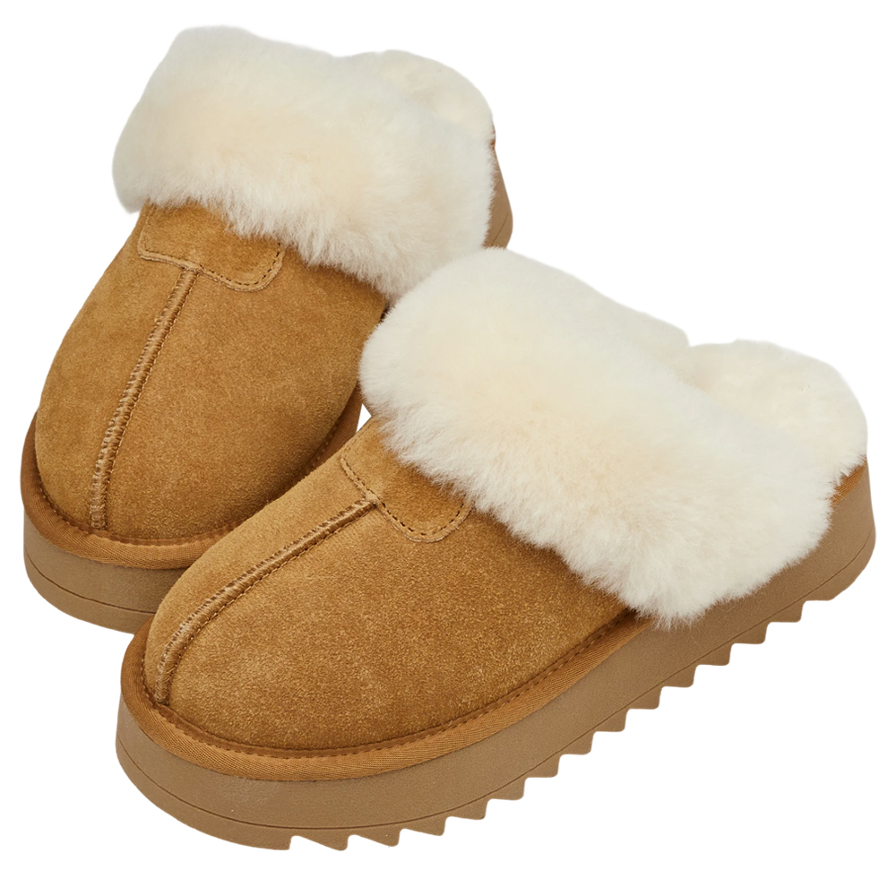 韓妞時尚牛麂皮羊毛厚底雪地拖鞋 栗子