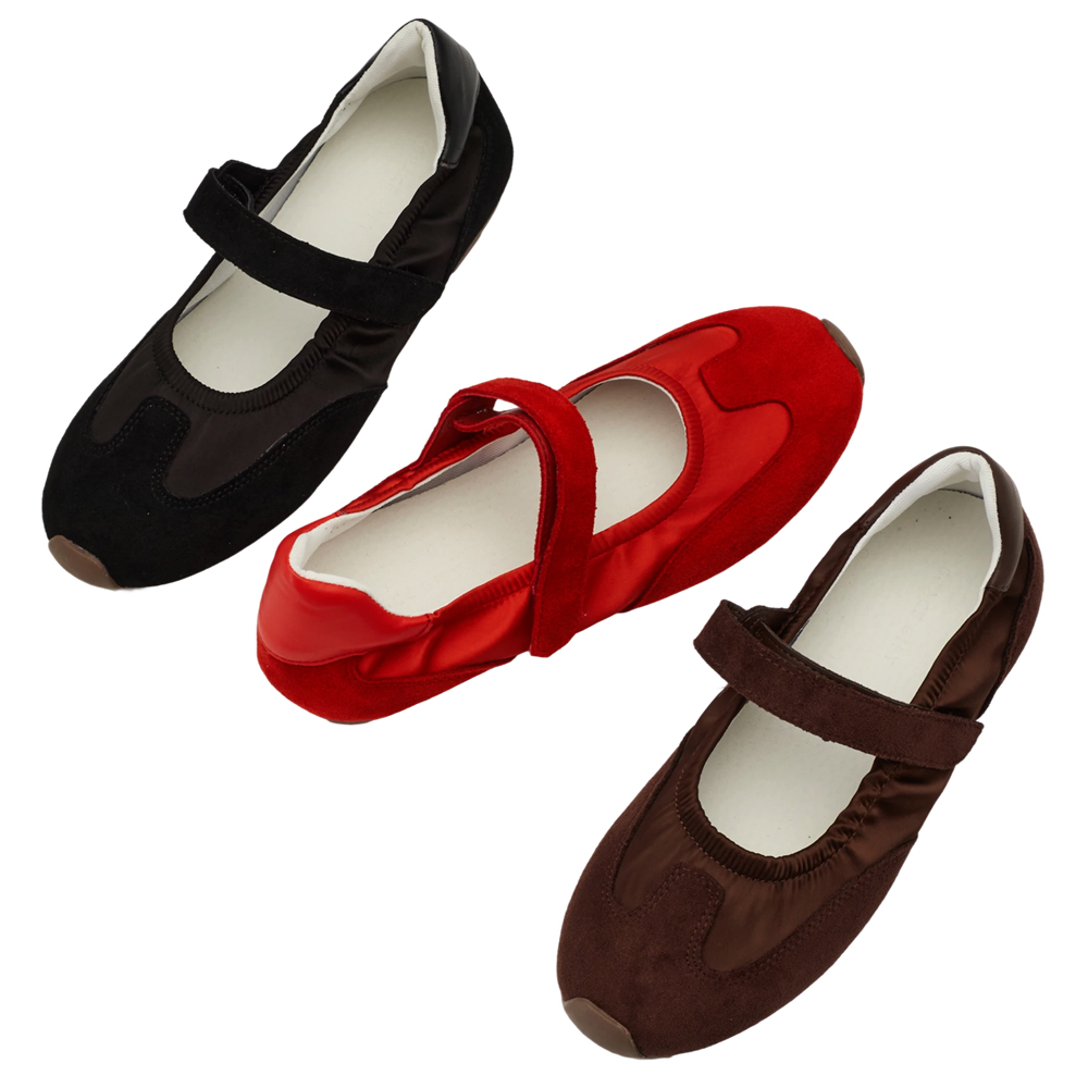 GraceGift平價女鞋 輕盈芭蕾 緞面拚接 芭蕾舞運動鞋 紅色