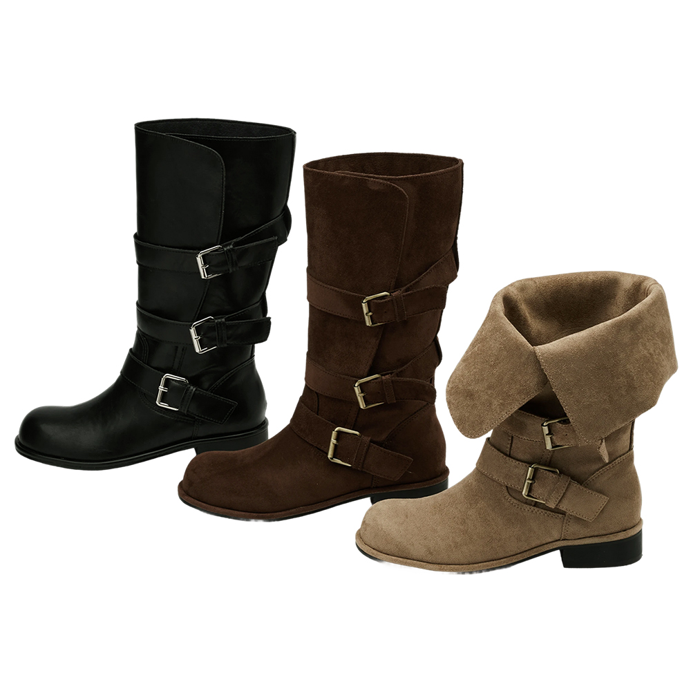 韓系街拍絨布2WAY皮帶釦騎士靴 卡其