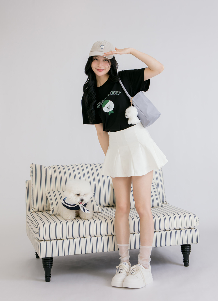 Beyond Closet 貝雷帽比熊印花短版 T 恤 黑