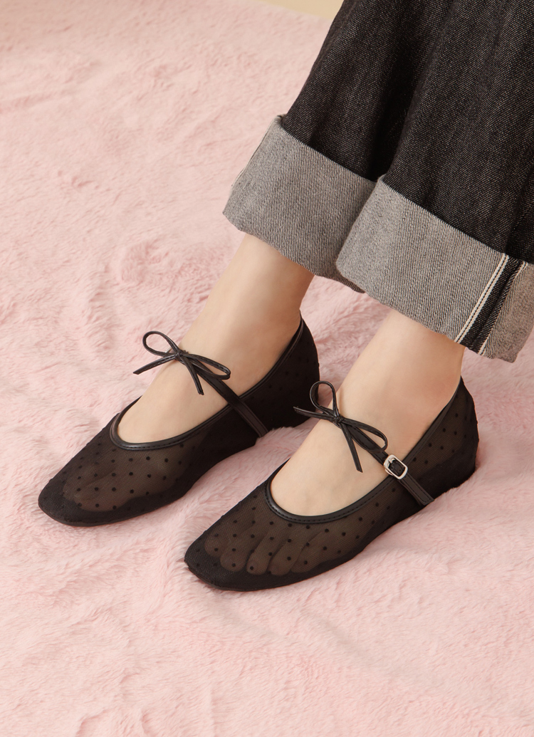 GraceGift平價女鞋 日系水玉 蝴蝶結網紗 內增高瑪莉珍鞋 黑色