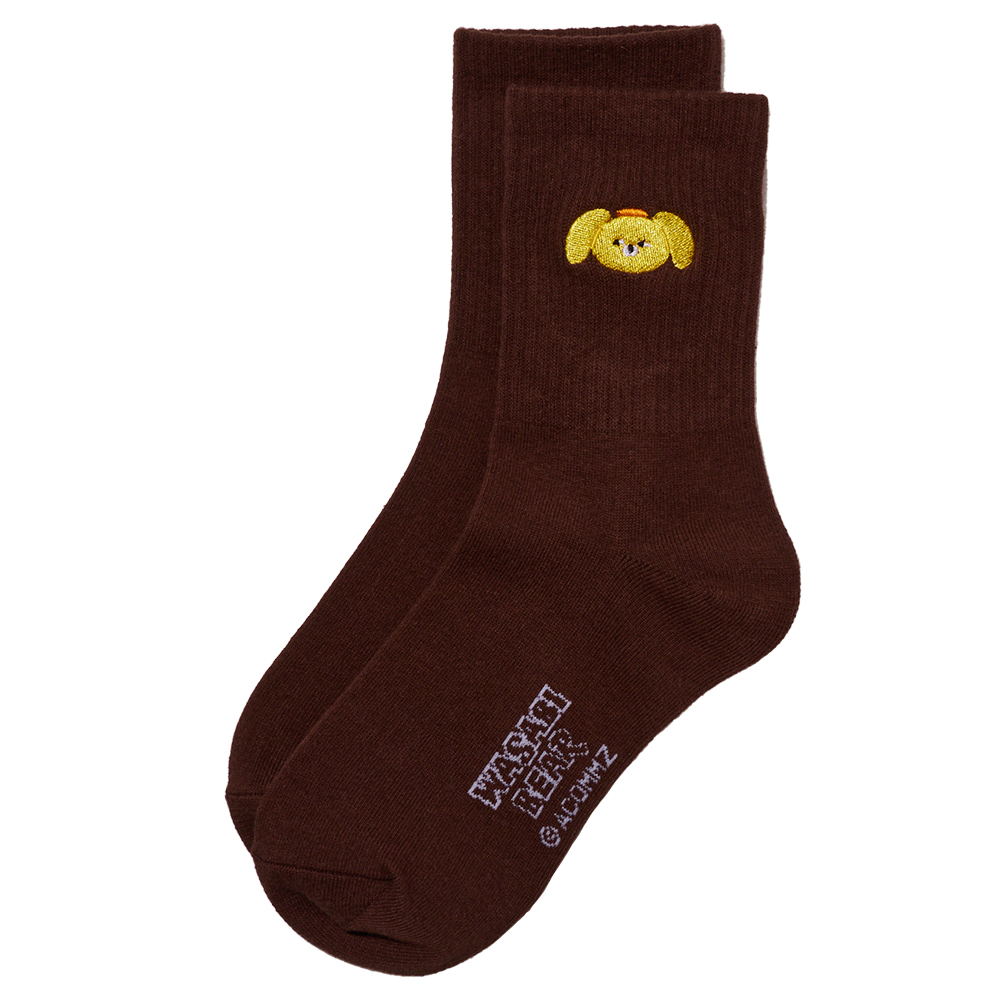 GraceGift  Wasabi Bear聯名 芥末熊 黃芥末熊螺紋電繡中筒襪 咖色