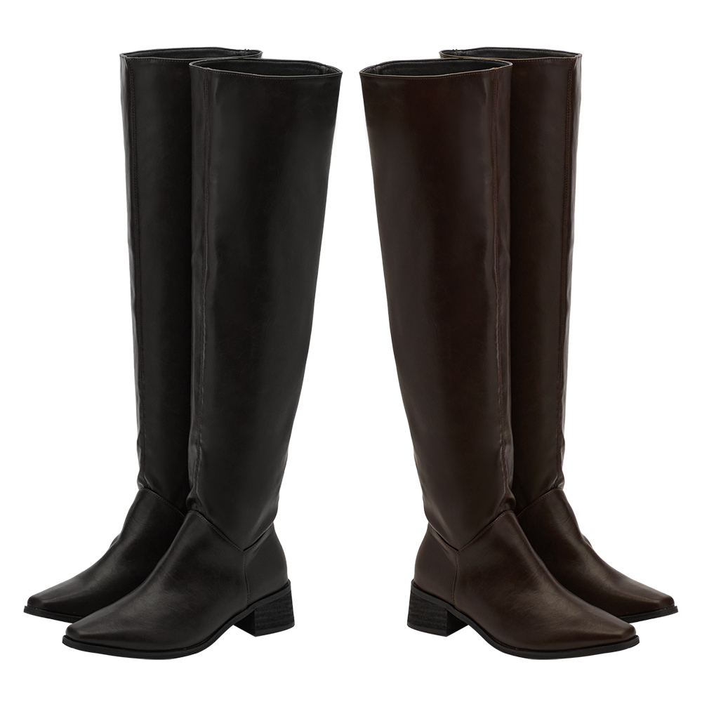 高級氣場方頭2way皮革過膝堆堆長靴 黑
