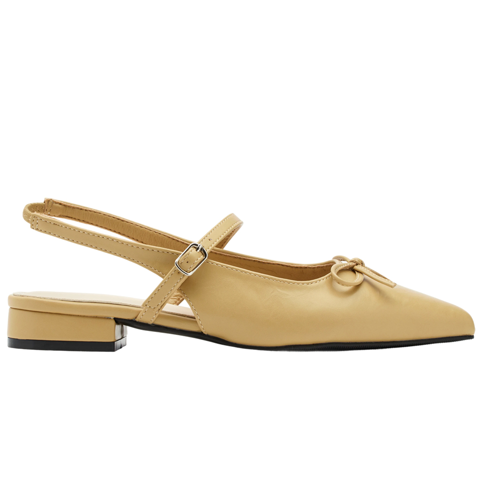 GraceGift 平價女鞋 法式尖頭 蝴蝶結後簍空芭蕾舞平底鞋 淺駝色