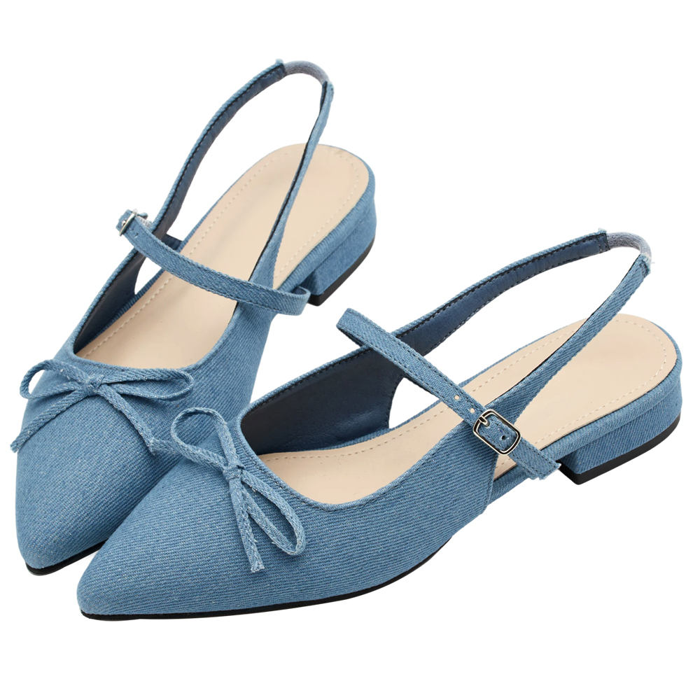 GraceGift 平價女鞋 法式尖頭 蝴蝶結後簍空芭蕾舞平底鞋 牛仔