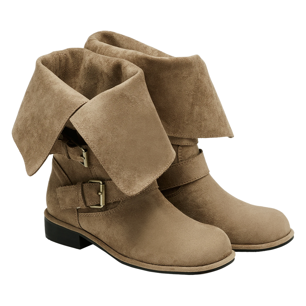 韓系街拍絨布2WAY皮帶釦騎士靴 卡其