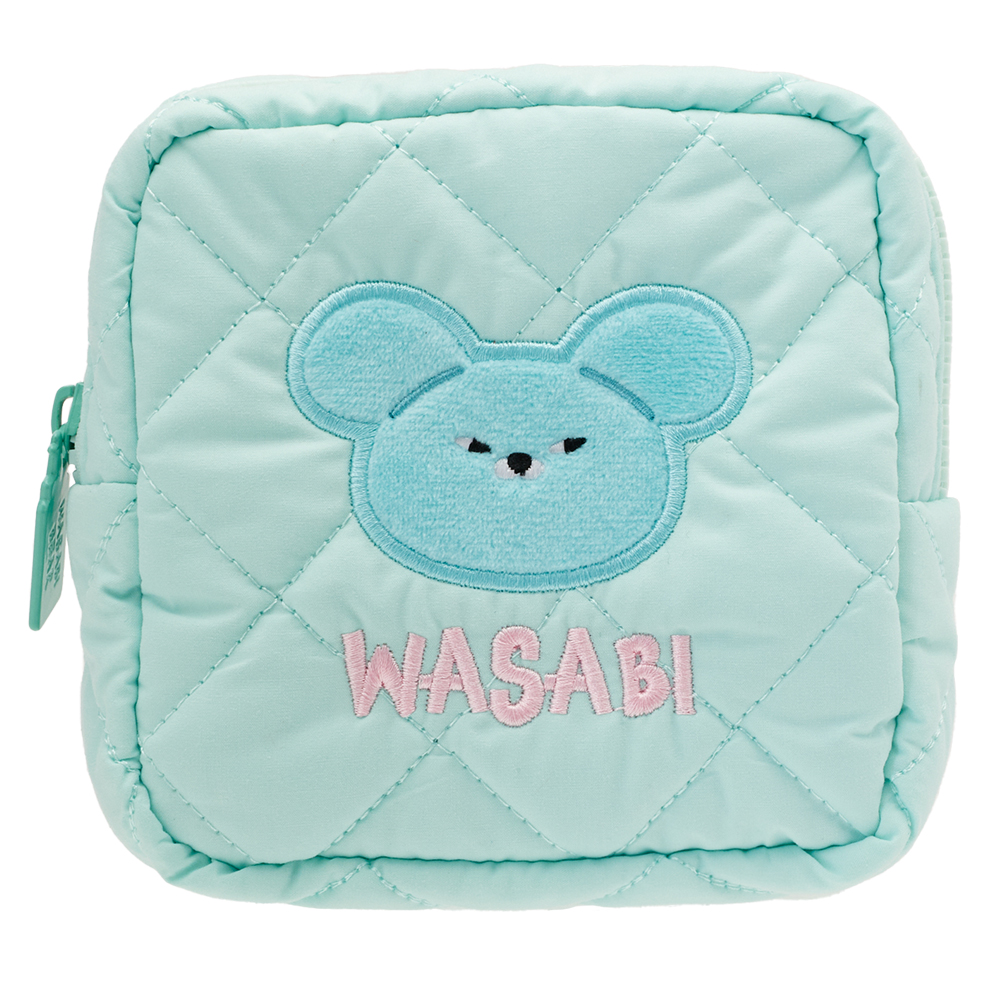 GraceGift Wasabi Bear聯名 芥末熊 格紋鋪棉收納包 藍綠色 實拍圖