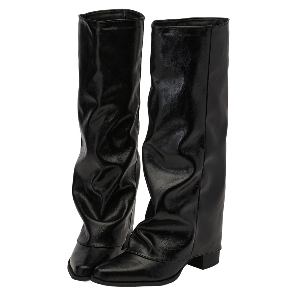 時尚秀場尖頭中跟堆堆褲管長靴 黑