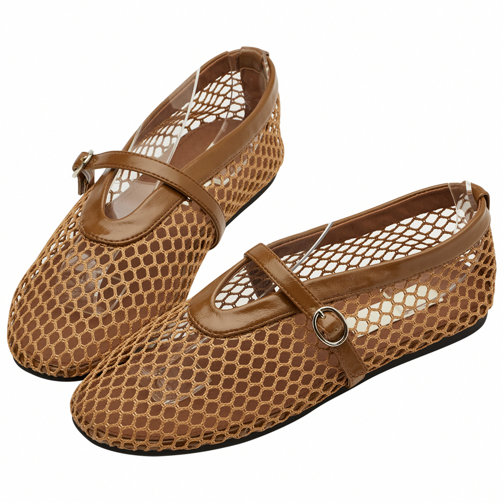 GraceGift 平價女鞋 個性網面 細閃芭蕾舞娃娃鞋 棕色 平底娃娃鞋 實拍圖