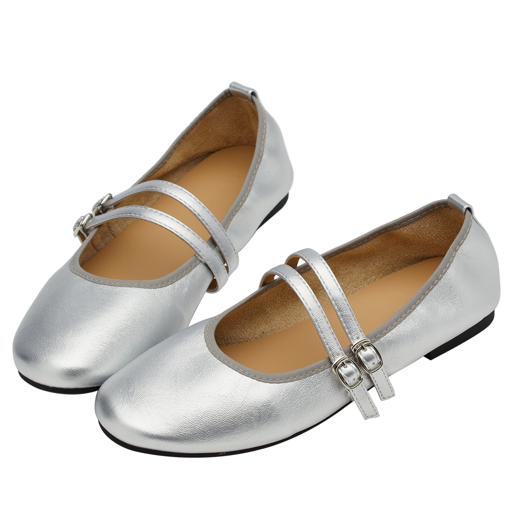 GraceGift平價女鞋 時尚秀場 圓頭 奶油雲朵極軟加厚乳膠芭蕾瑪莉珍鞋 銀色