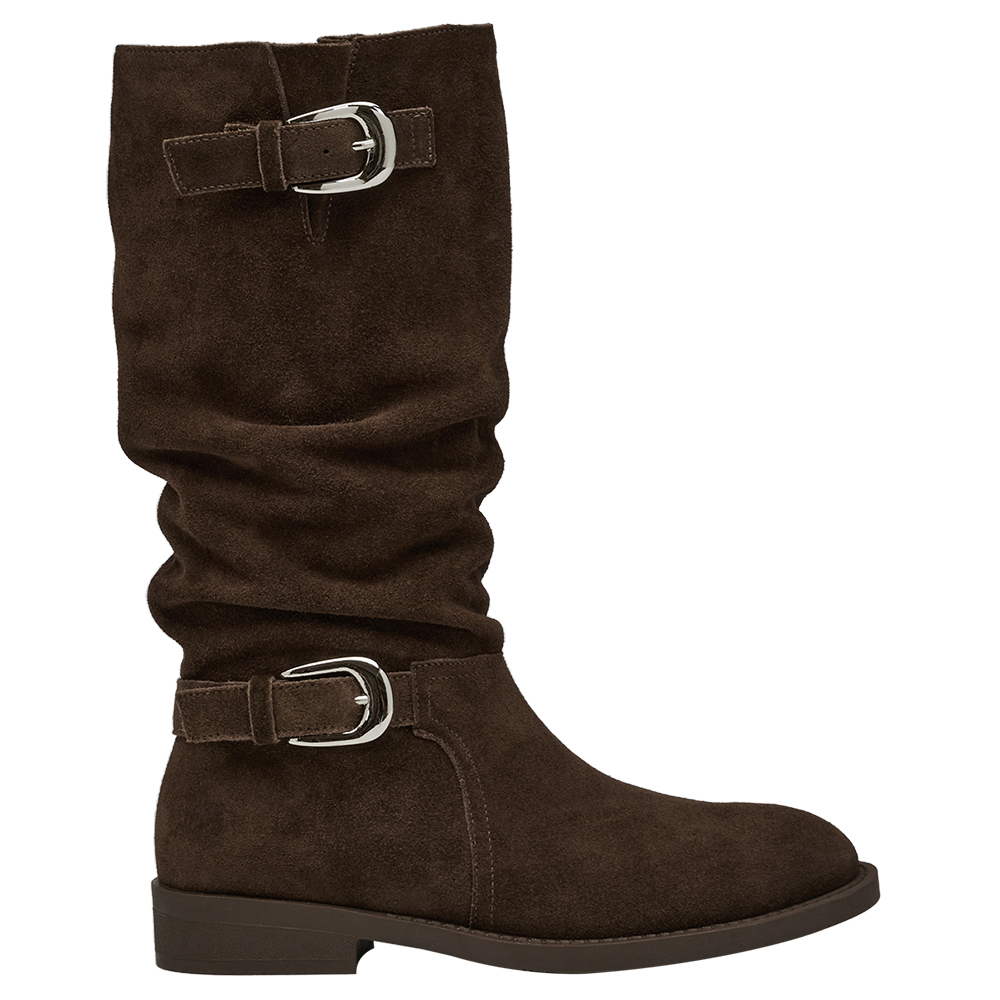 慵懶隨性麂皮雙層皮帶扣堆堆長靴 咖