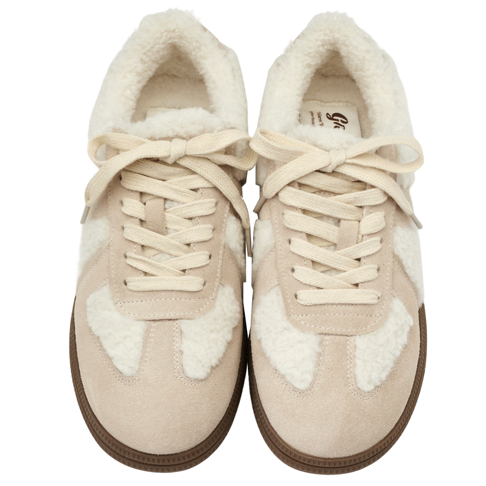 泰迪冬絨毛毛厚底德訓鞋 杏