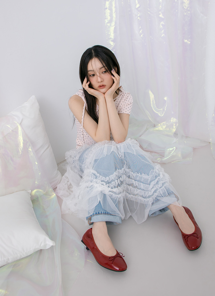 GraceGift平價女鞋 時尚秀場 圓頭 法式訂製全真皮鞋墊芭蕾平底娃娃鞋 酒紅漆色