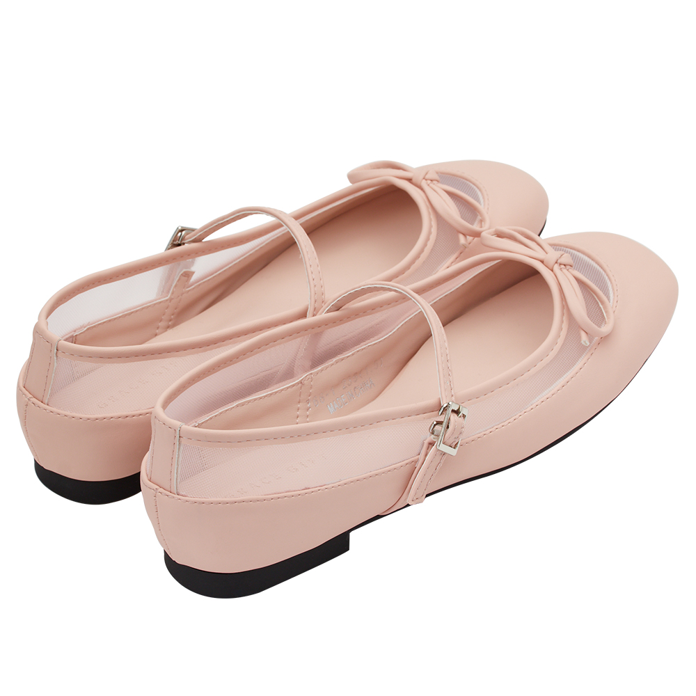 GraceGift平價女鞋 時尚秀場 方圓頭 復古芭比網紗拼接芭蕾平底瑪莉珍鞋  粉色